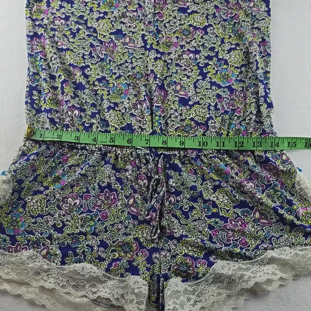 Victoria's Secret Blue Floral Lace Trim Cami Romper‎ Small